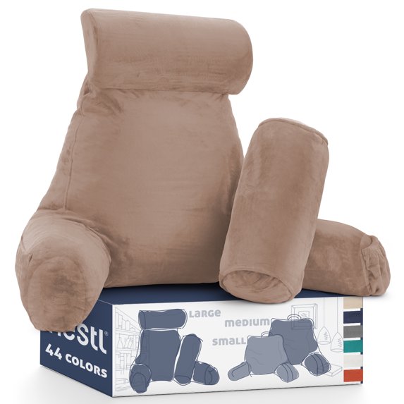 Nestl Reading Pillow, Extra Large Comfortable Bed Rest Pillow with Arms – Premium Shredded Memory Foam TV Pillow, Detachable Neck Roll & Lumbar Support Pillow - Taupe Sand