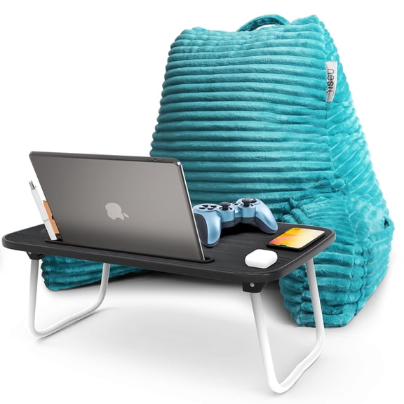 Nestl Reading Pillow with Portable Lap Desk Stand - Striped Back Support Pillow, Medium, Teal