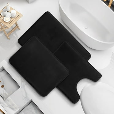 Nestl Set of 3 Absorbent Memory Foam Bath Mat Bathroom Rugs, Black, Large 20"x32", Small 17"x24", Contour 24"x20"
