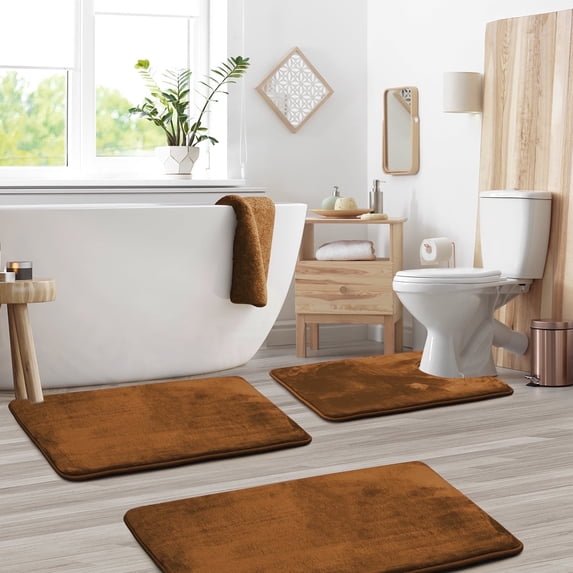 Nestl Set of 3 Absorbent Memory Foam Bath Mat Bathroom Rugs, Brown, Large 20"x32", Small 17"x24", Contour 24"x20"