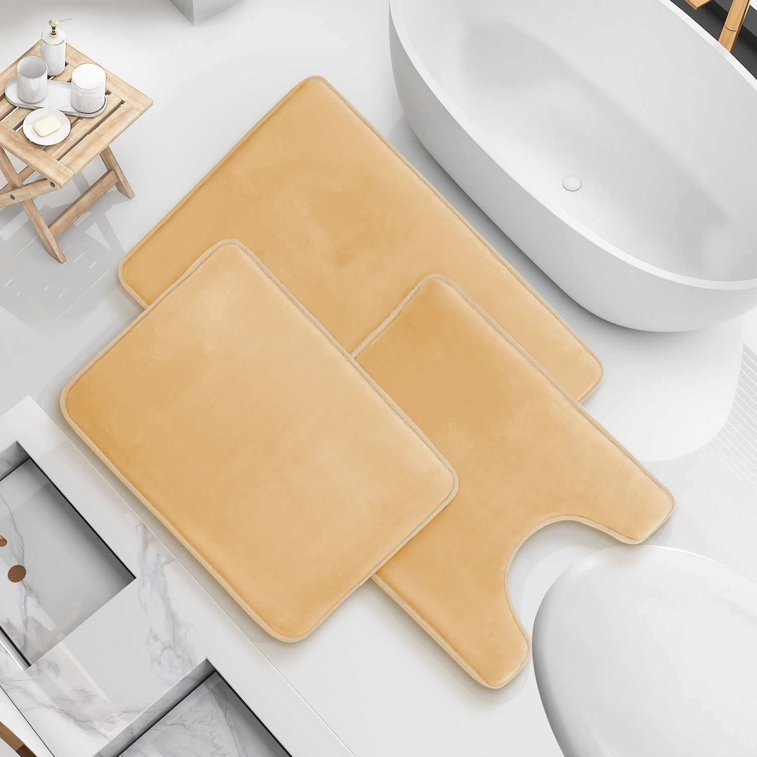 Nestl Set of 3 Absorbent Memory Foam Bath Mat Bathroom Rugs, Cream ...