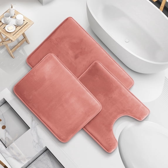 Nestl Set of 3 Absorbent Memory Foam Bath Mat Set Bathroom Rugs, Misty Rose, Large 20"x32", Small 17"x24", Contour 24"x20"