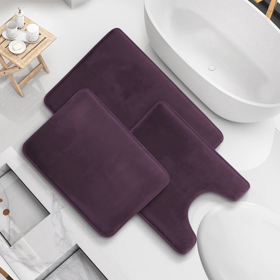 Nestl Set of 3 Absorbent Memory Foam Bath Mat Set Bathroom Rugs, Purple, Large 20"x32", Small 17"x24", Contour 24"x20"