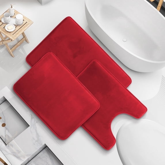 Nestl Set of 3 Absorbent Memory Foam Bath Mat Set Bathroom Rugs, Red, Large 20"x32", Small 17"x24", Contour 24"x20"