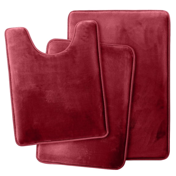 3-Piece Memory Foam Bath Mat Set - Ultra Soft, Non-Slip & Absorbent Bathroom Rugs - Machine Washable, 3 Convenient Sizes(Burgundy Red)
