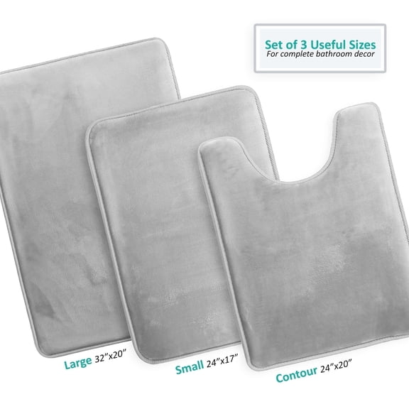 Nestl Set of 3 Absorbent Memory Foam Bath Mat Set Bathroom Rugs, Silver, Large 20"x32", Small 17"x24", Contour 24"x20"