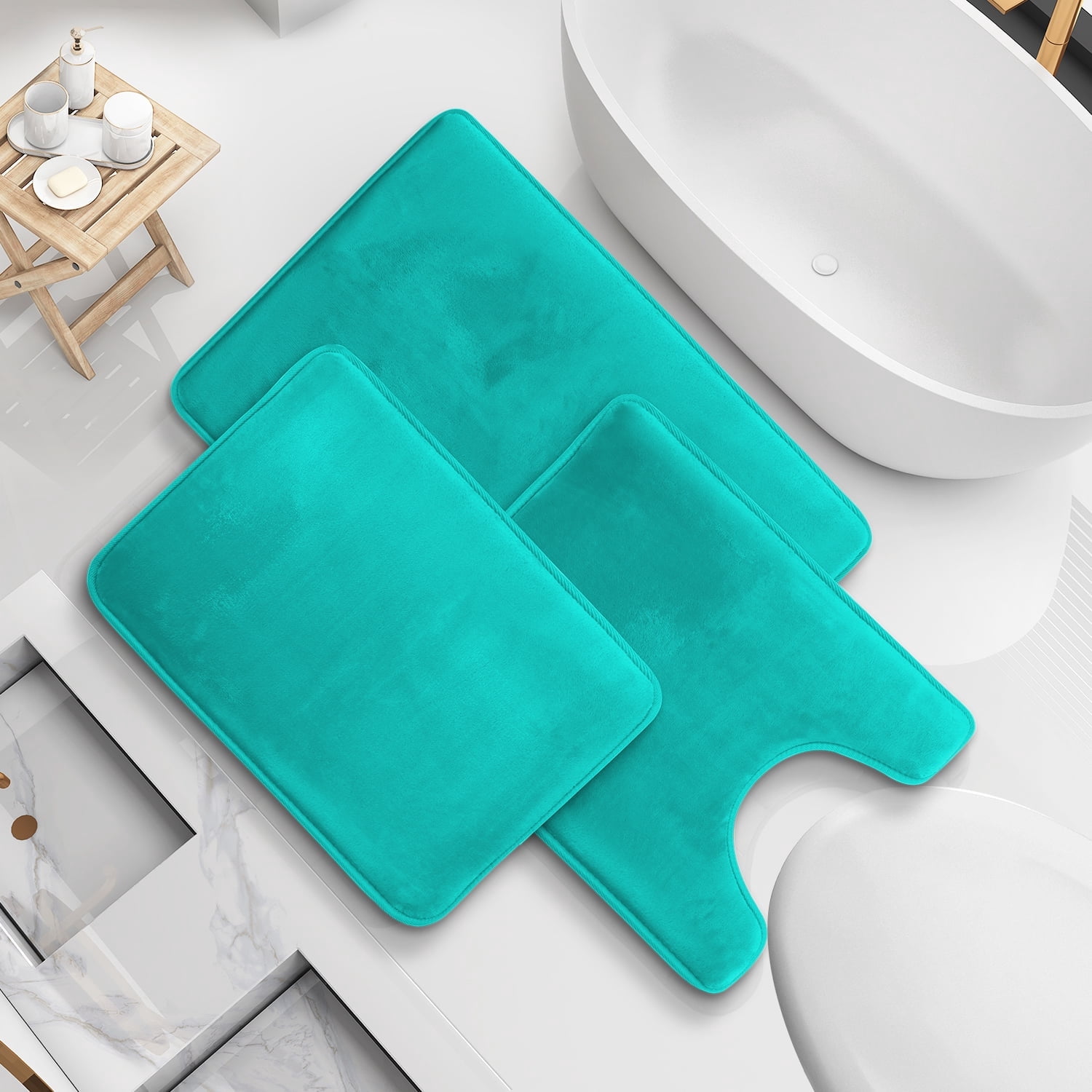 Nestl Set of 3 Absorbent Memory Foam Bath Mat Bathroom Rugs, Teal ...