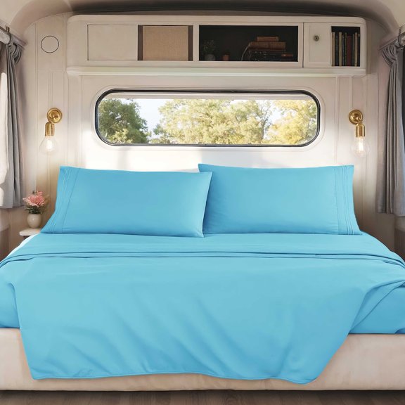 Nestl Sheets Set, 1800 Series Deep Pocket 4 Piece, Luxury Soft Microfiber RV Short Queen Sheets Set, BEACH BLUE