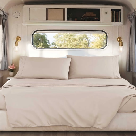 Nestl Sheets Set, 1800 Series Deep Pocket 4 Piece, Luxury Soft Microfiber RV Short Queen Sheets Set, BEIGE CREAM
