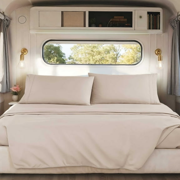 Nestl Sheets Set, 1800 Series Deep Pocket 4 Piece, Luxury Soft Microfiber RV Short Queen Sheets Set, BEIGE CREAM