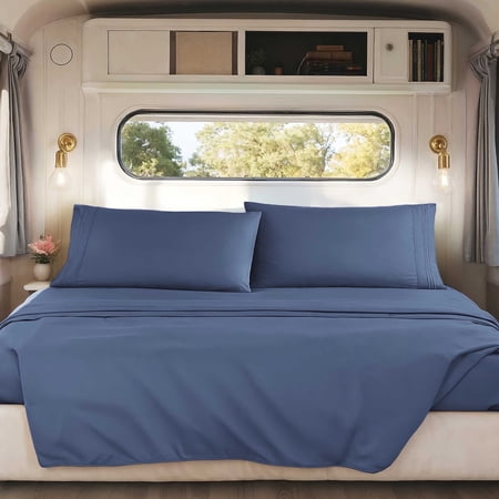 Nestl Sheets Set, 1800 Series Deep Pocket 4 Piece, Luxury Soft Microfiber RV Short Queen Sheets Set, NAVY BLUE