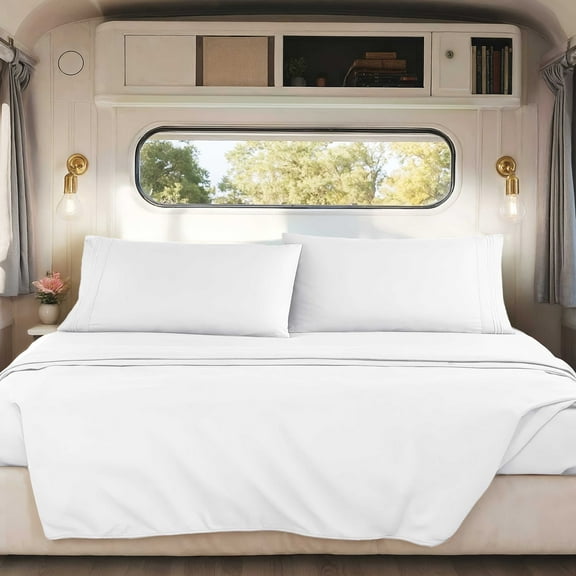 Nestl Sheets Set, 1800 Series Deep Pocket 4 Piece, Luxury Soft Microfiber RV Short Queen Sheets Set, WHITE sheets