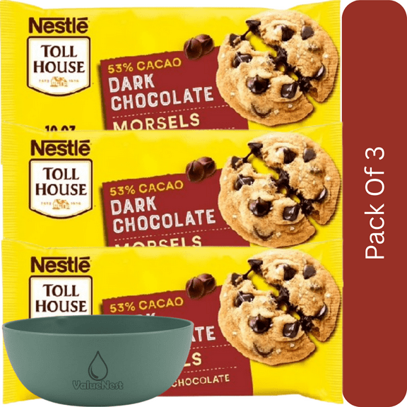 Nestl Toll House Dark Chocolate Baking Chips, Morsels, 10 oz Bag-3pk, With Olive Green Bowl By ValueNest