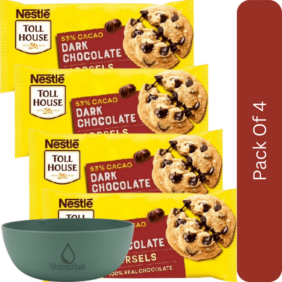 Nestl Toll House Dark Chocolate Baking Chips, Morsels, 10 oz Bag-4pk, With Olive Green Bowl By ValueNest