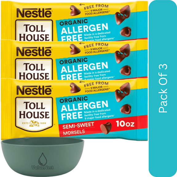 Nestl Toll House Organic Allergen-Free Semi-Sweet Chocolate Chips, 10 oz Bag-3pk, With Olive Green Bowl By ValueNest