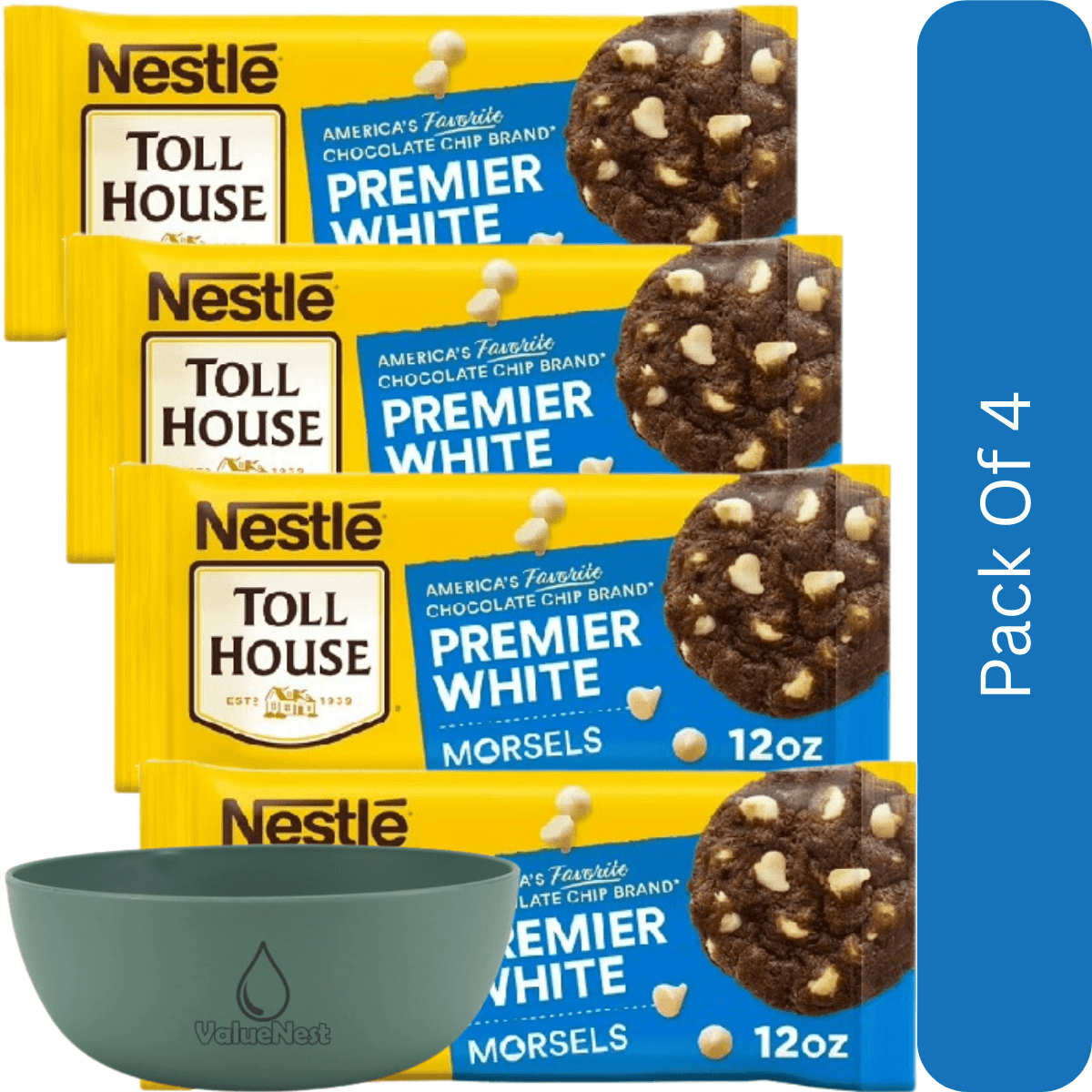 Nestlé Toll House Premier White Baking Chips, Morsels, 12 oz Bag-4pk, With Olive Green Bowl By ValueNest