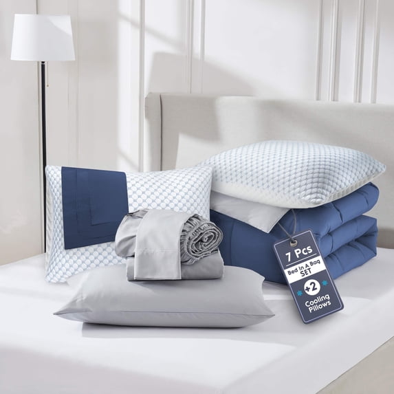 Virtu Twin Size Comforter Set 9 Piece Reversible Comforter Set Twin Bed in a Bag Twin All Season, Twin Bed In A Bag With 2 Memory Foam Pillows, Navy