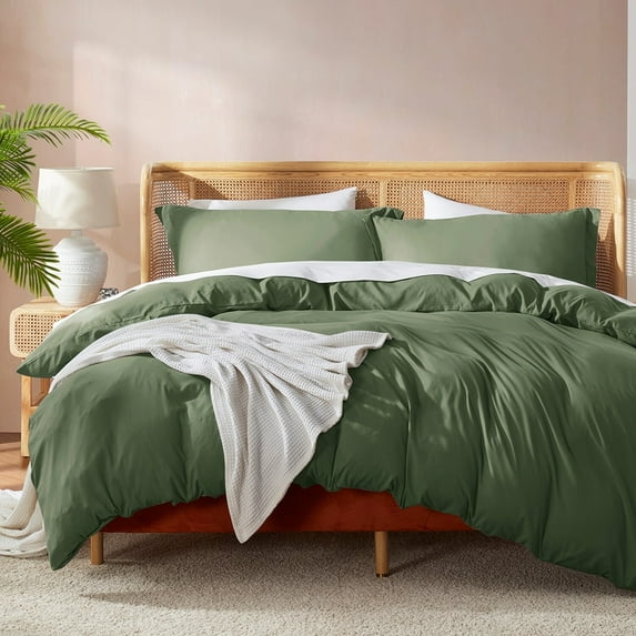 Nestl Ultra Soft Double Brushed Microfiber Duvet Cover Set with Button Closure Olive Green Full 3 Piece