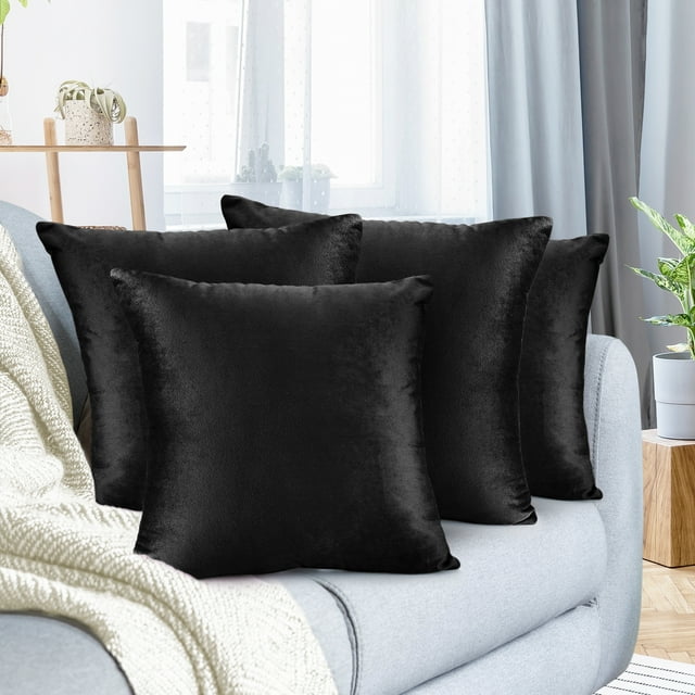 Nestl Velvet Throw Pillow Covers Solid Square Soft Decorative Pillow Cover for Sofa, 16" x 16", Black, Pack of 4