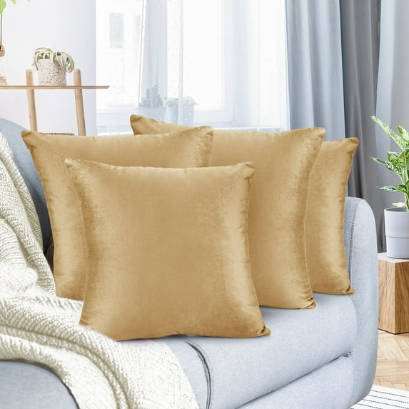 Nestl Velvet Throw Pillow Covers Solid Square Soft Decorative Pillow Cover for Sofa, 18" x 18", Gold, Pack of 4