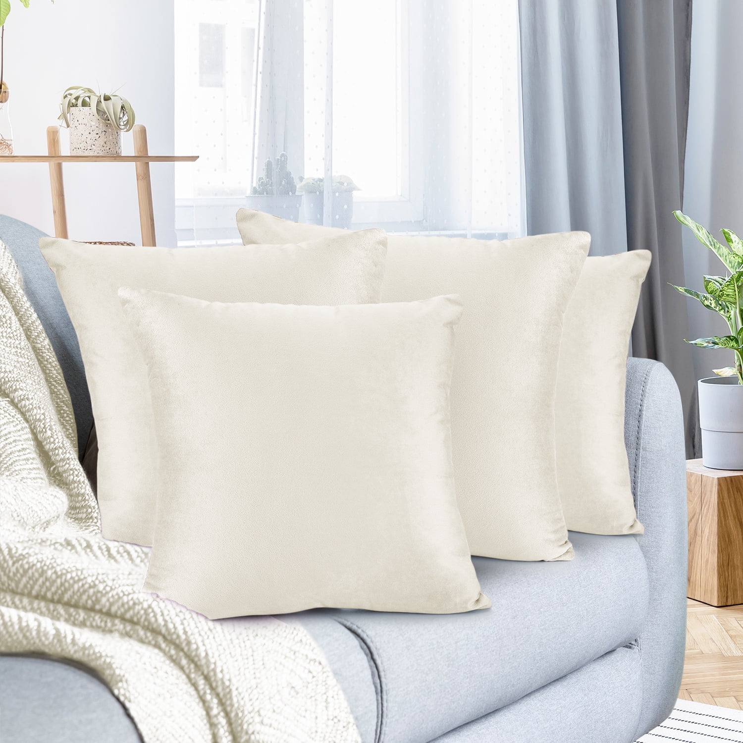 Nestl Velvet Throw Pillow Covers Solid Square Soft Decorative Pillow Cover for Sofa, 18" x 18", Off White, Pack of 4