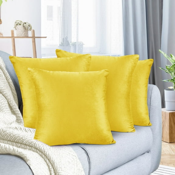 Nestl Velvet Throw Pillow Covers Solid Square Soft Decorative Pillow Cover for Sofa, 18" x 18", Yellow, Pack of 4