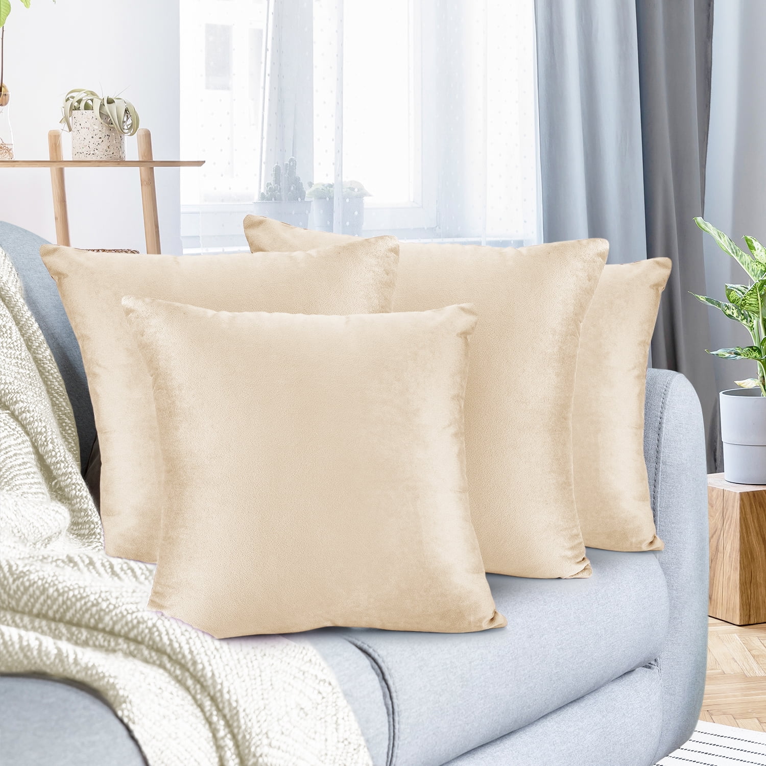 Nestl Velvet Throw Pillow Covers Solid Square Soft Decorative Pillow Cover for Sofa, 20" x 20", Beige, Pack of 4