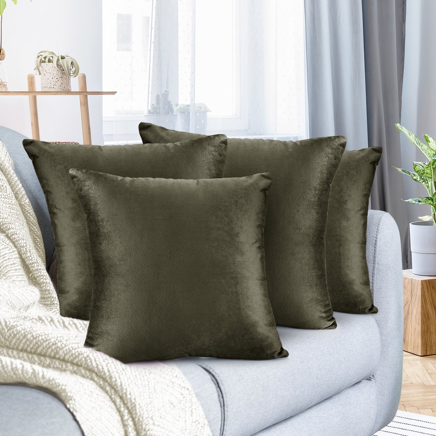 Khaki Hypoallergenic Velvet Throw Pillow Covers, 20" x 20", Pack of 4