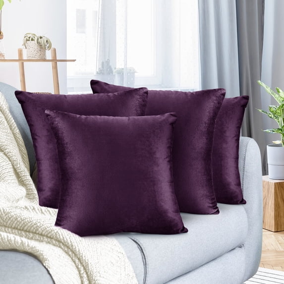 Nestl Velvet Throw Pillow Covers Solid Square Soft Decorative Pillow Cover for Sofa, 22" x 22", Eggplant, Pack of 4