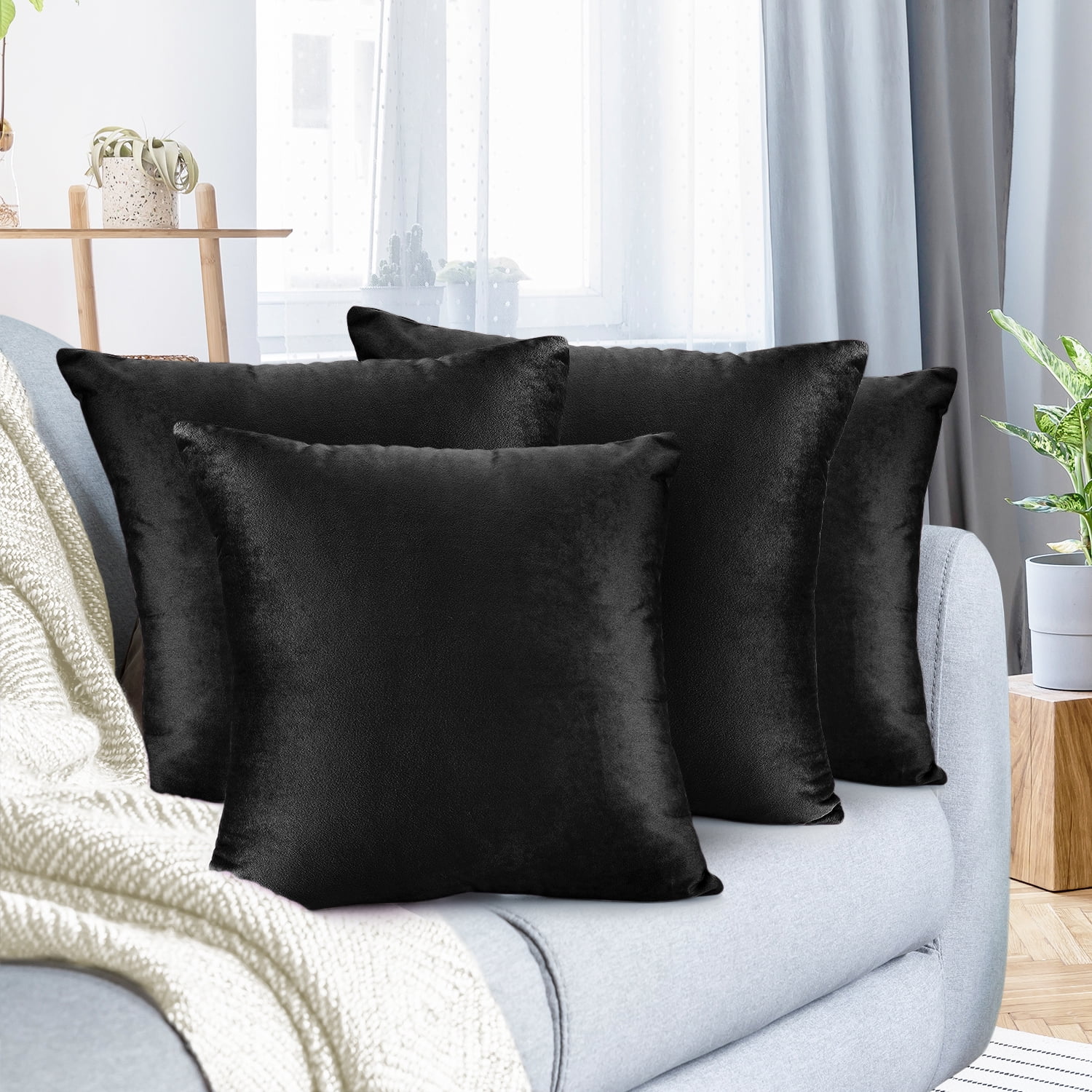 Nestl Velvet Throw Pillow Covers Solid Square Soft Decorative Pillow Cover for Sofa, 24" x 24", Black, Pack of 4