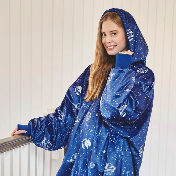 Nestl Warm Oversized Unisex Wearable Blanket Hoodie - Reversible Cozy Snuggle Hoodie Blanket - Giant Sweater Blanket Hoodie Adult - Navy/Planet