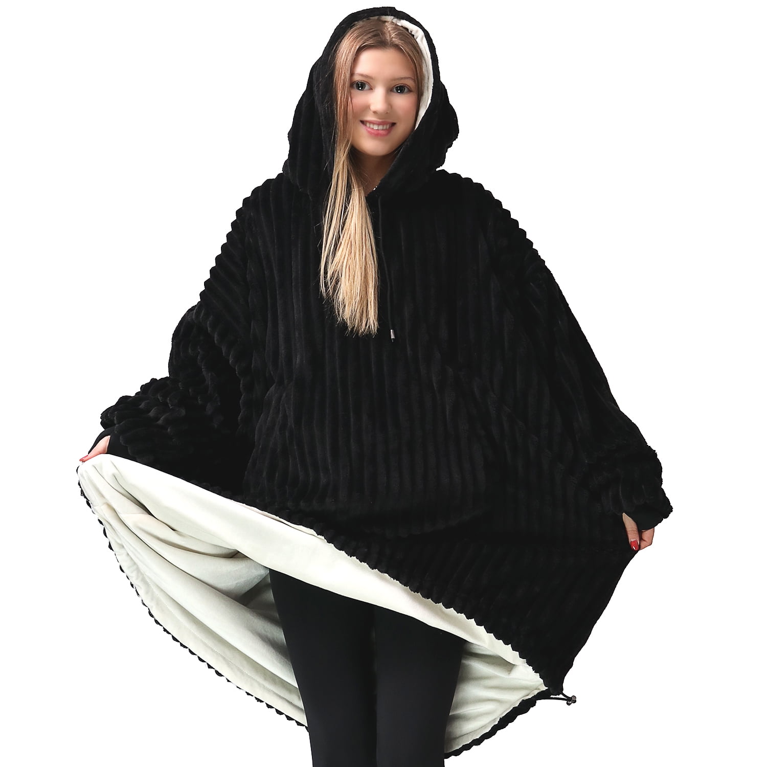 Nestl Wearable Blanket Hoodie, Oversized Hooded Blanket One Size Fits All, Reversible Plush Microfiber, Black/Ivory