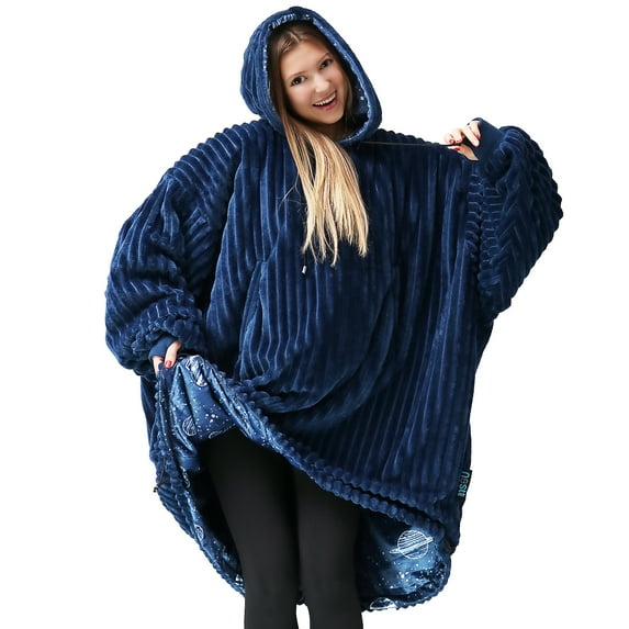 Nestl Wearable Blanket Hoodie, Oversized Hooded Blanket One Size Fits All, Reversible Plush Microfiber, Navy/Planet