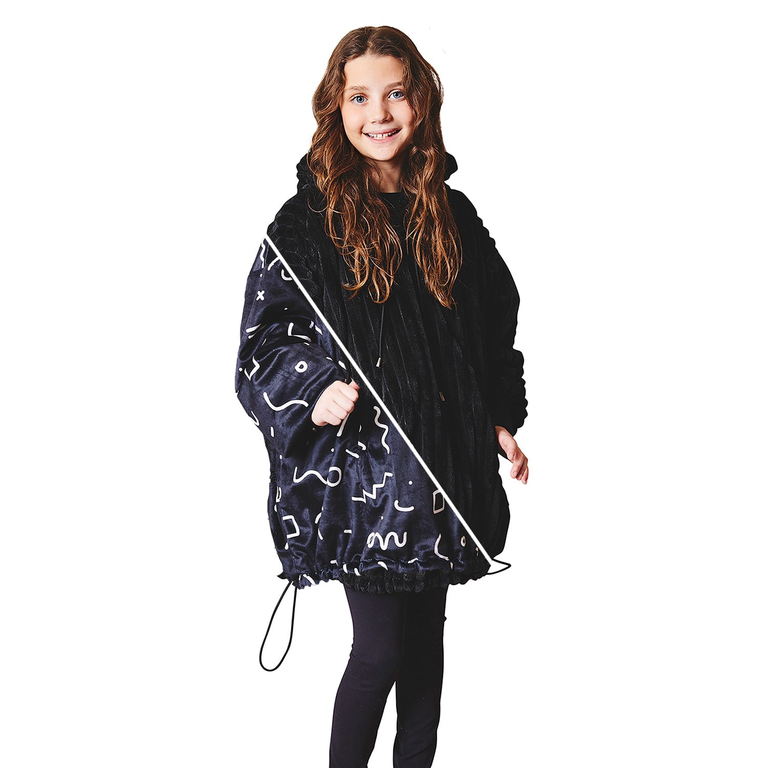 Nestl Wearable Blanket Hoodie Reversible for Kids and Teens, Warm and Cozy Oversized Fleece & Cut Plush Blanket Sweatshirt, Black/Scribble