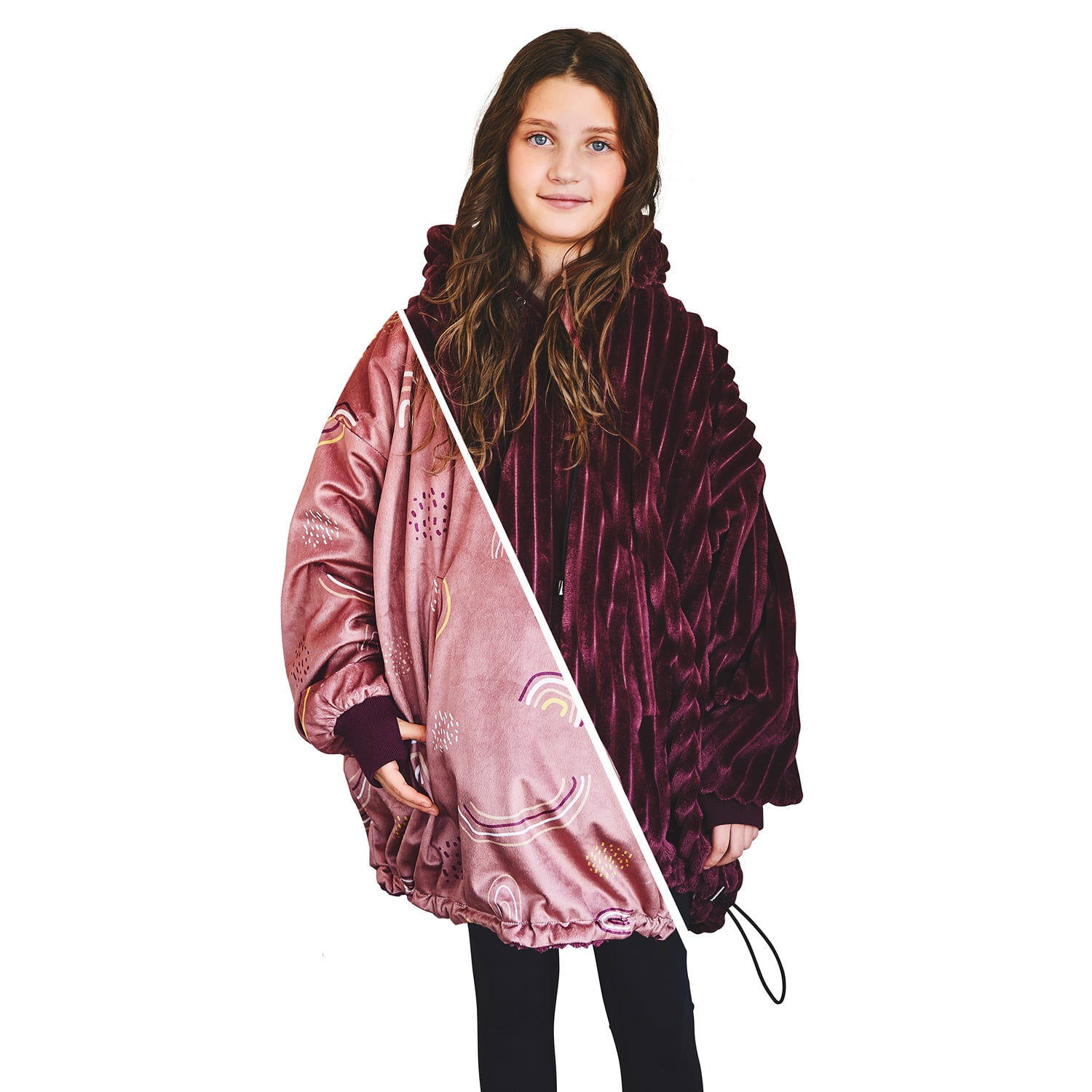 Nestl Wearable Blanket Hoodie Reversible for Kids and Teens, Warm and Cozy Oversized Fleece & Cut Plush Blanket Sweatshirt, Burgundy/Rainbow