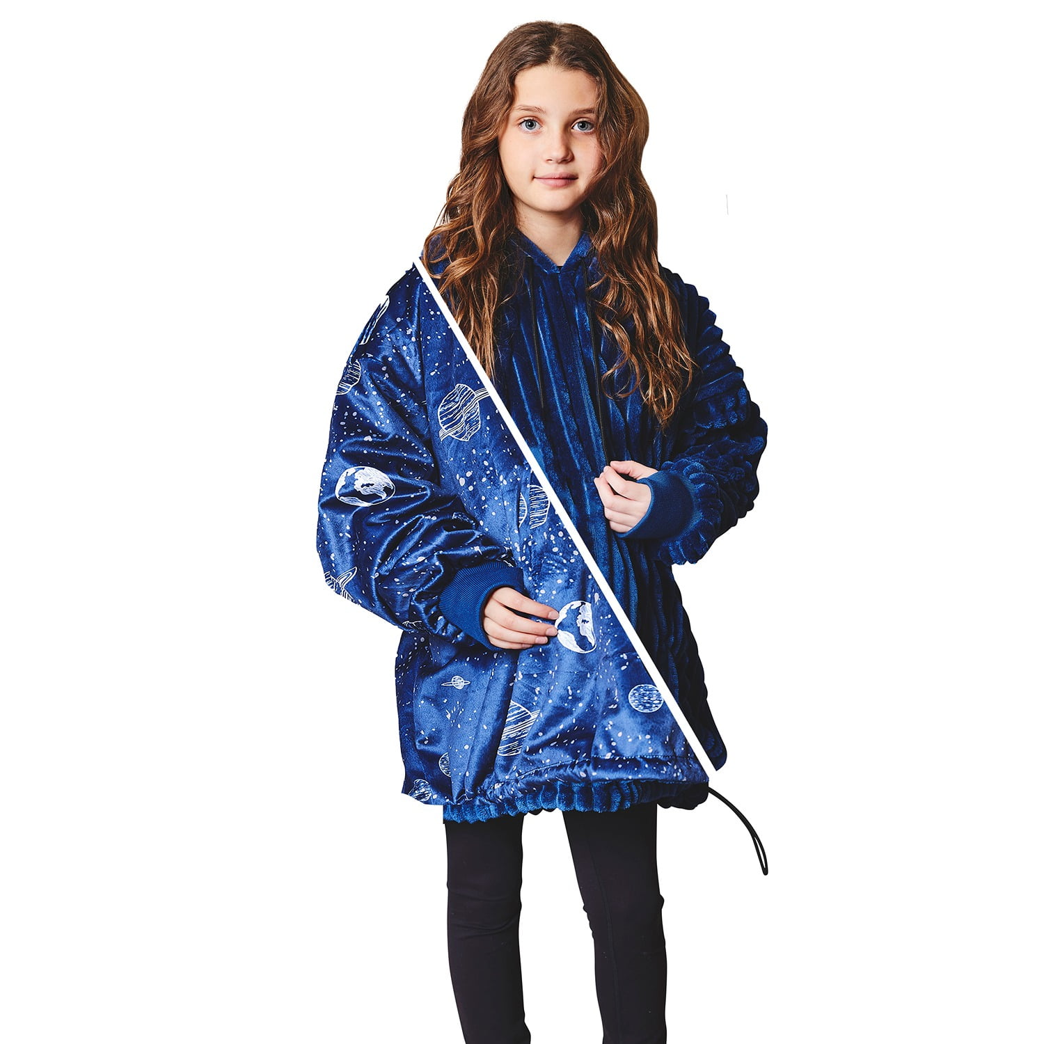 Nestl Wearable Blanket Hoodie Reversible for Kids and Teens, Warm and Cozy Oversized Fleece & Cut Plush Blanket Sweatshirt, Navy/Planet