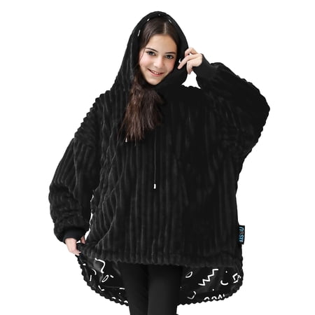 Nestl Wearable Blanket Hoodie for Kids, Oversized Hooded Blanket One Size Fits All, Reversible Plush Microfiber, Black/Scribble