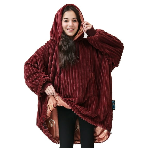 Nestl Wearable Blanket Hoodie for Kids, Oversized Hooded Blanket One Size Fits All, Reversible Plush Microfiber, Burgundy/Rainbow