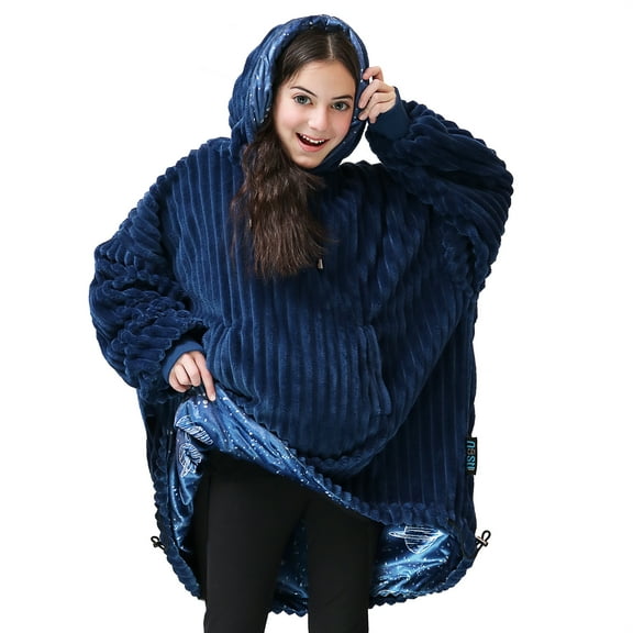 Nestl Wearable Blanket Hoodie for Kids, Oversized Hooded Blanket One Size Fits All, Reversible Plush Microfiber, Navy/Planet