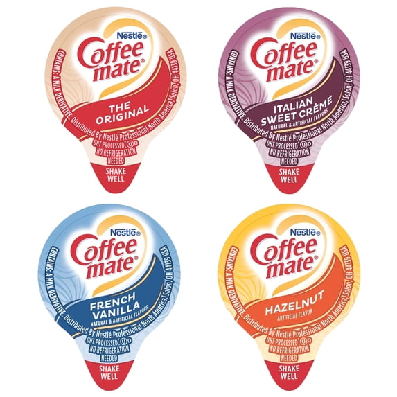 Nestle Coffee-Mate Hazelnut, Original, Italian Sweet Creme, French Vanilla Single Serve Non-Dairy Creamer, 0.4 oz l Pack of 100