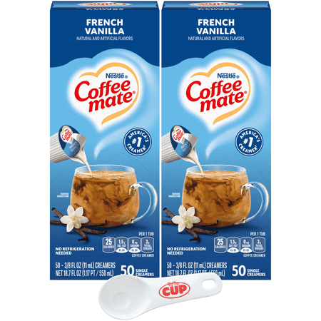 Nestle Coffee mate Liquid Coffee Creamer Singles, French Vanilla, 50 Ct Box (Pack of 2) with By The Cup Coffee Scoop