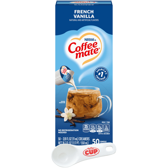 Nestle Coffee mate Liquid Coffee Creamer Singles, French Vanilla, 50 Ct Box with By The Cup Coffee Scoop