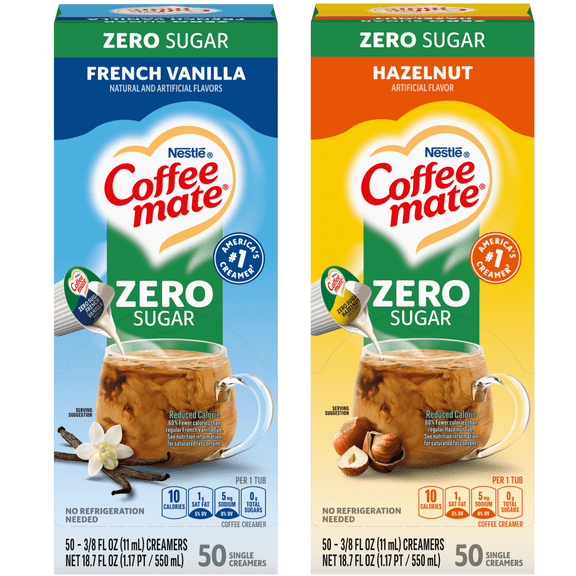 Nestle Coffee mate Liquid Coffee Creamer Singles Variety, Zero Sugar French Vanilla & Hazelnut 50 Ct Boxes