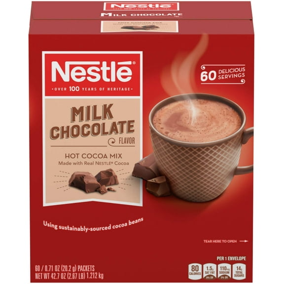 Nestle Hot Chocolate Packets, Milk Chocolate Flavor Hot Cocoa Mix, Made with Real Cocoa, Bulk Pack, 0.71 oz Packet (60 Count)