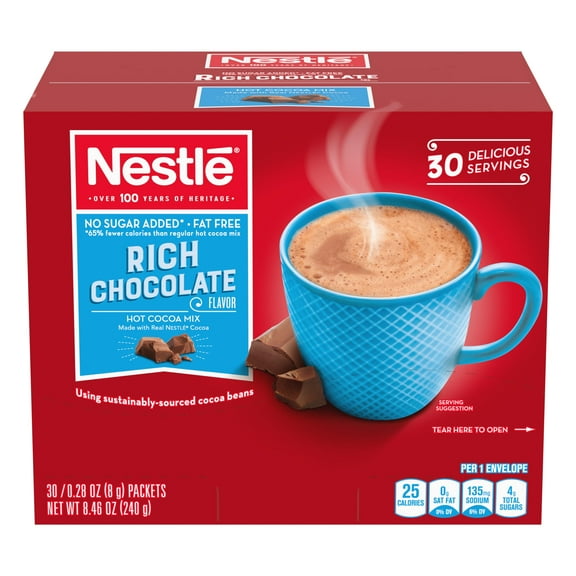 Nestle Hot Chocolate Packets, Hot Cocoa Mix, No Sugar Added and Fat Free, Bulk Pack, 0.28 oz Packet (Pack of 30)