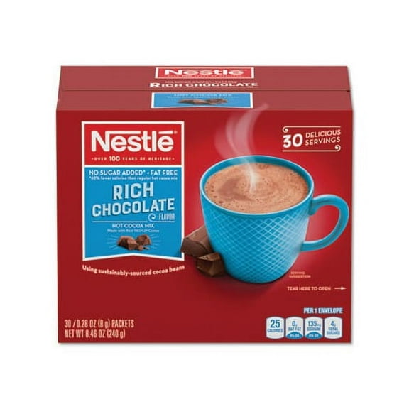 Nestle Hot Cocoa, No Sugar Added Hot Chocolate Packets 0.28 oz Packet, 30/Box