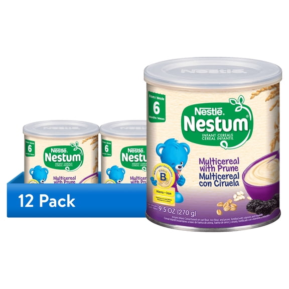 (12 pack) Nestlé Nestum Stage 2 Baby Cereal, Multicereal with Prune, 9.5 Ounce Canister