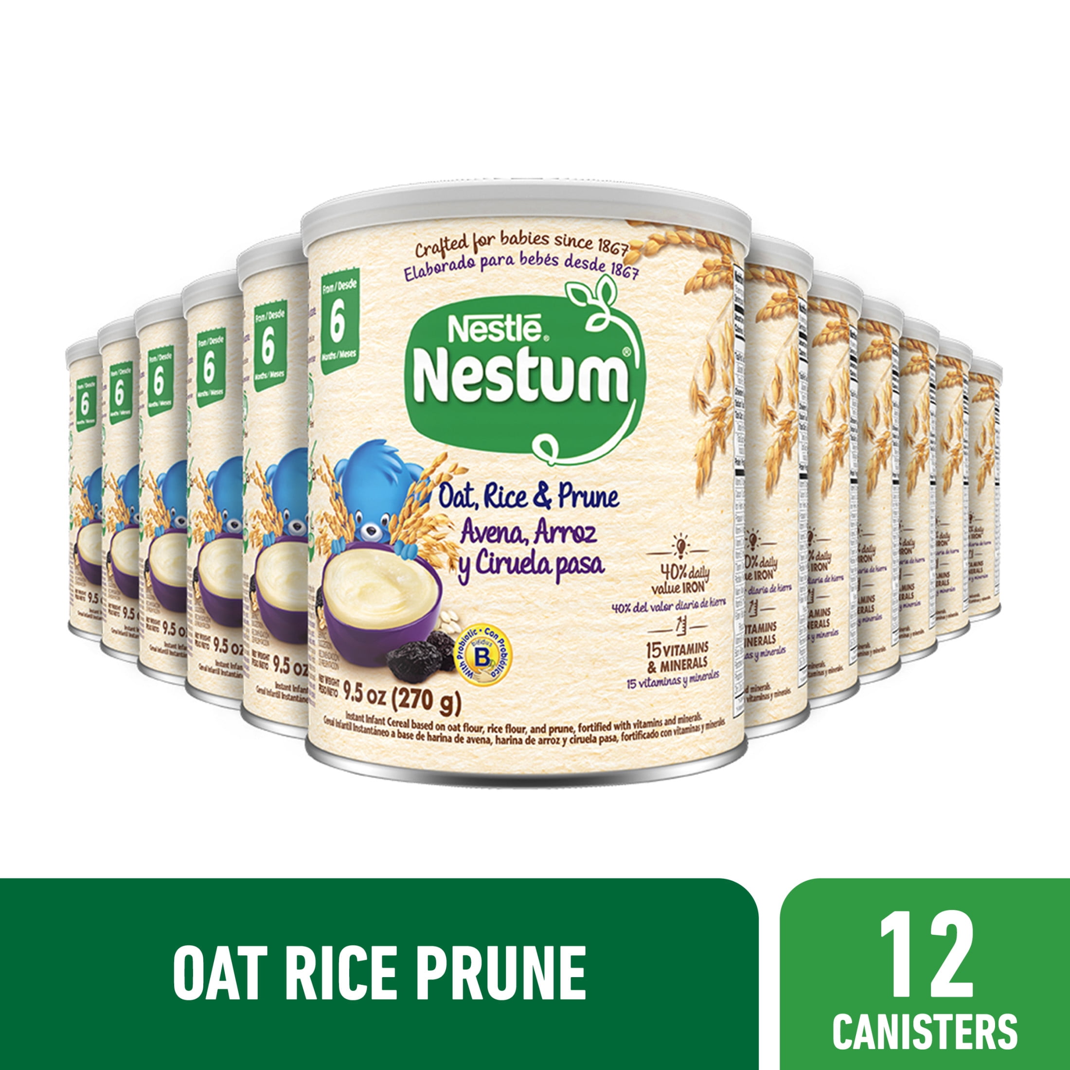 (12 pack) Nestlé Nestum Stage 2 Baby Cereal, Multicereal with Prune, 9.5 Ounce Canister