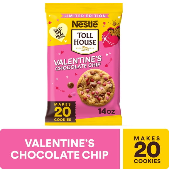 Nestle Toll House Ready to Bake Chocolate Chip Cookie Dough with Heart Sprinkles for Valentines Cookies, 14 oz