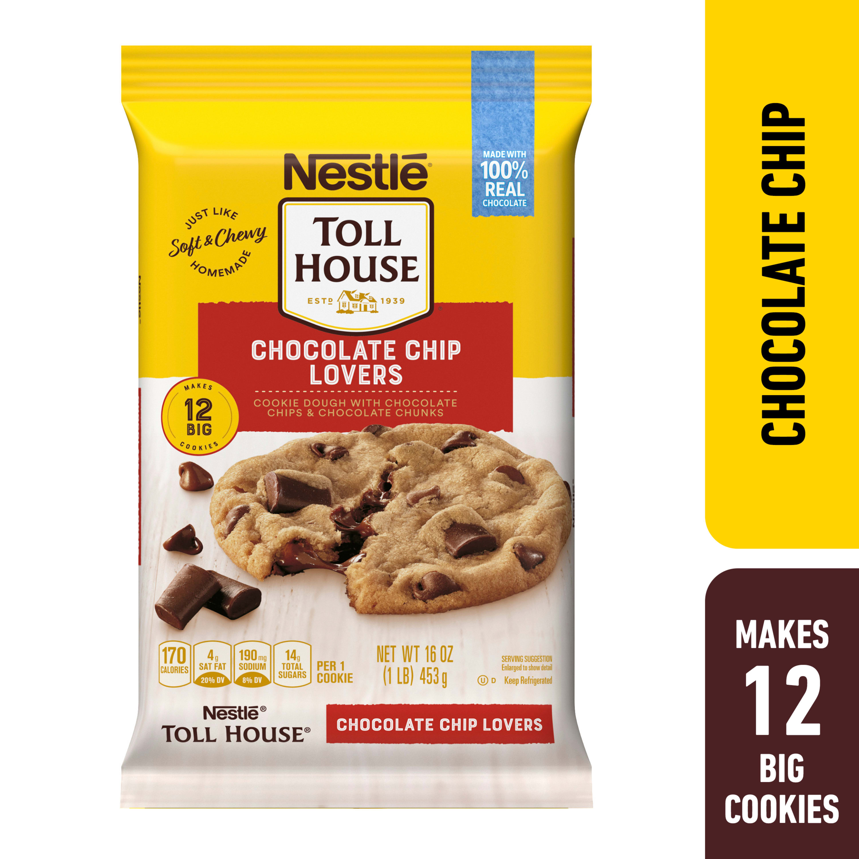 Nestle Toll House Chocolate Chip Lovers Cookie Dough, 16 oz, Makes 12 Giant Cookies - image 1 of 10